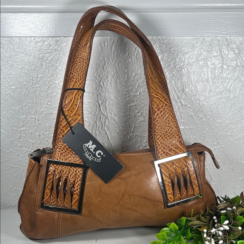 🆕M.C. Embossed NEW Genuine Leather Shoulder Bag Camel Color Silver Accents NWT - Picture 3 of 16